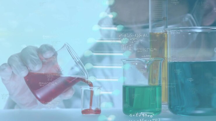 Animation of mathematical equations over caucasian male scientist with beaker