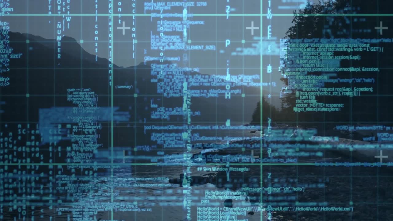 Dusk holding before grid emerging across river shoreline, streaming code simulating interface