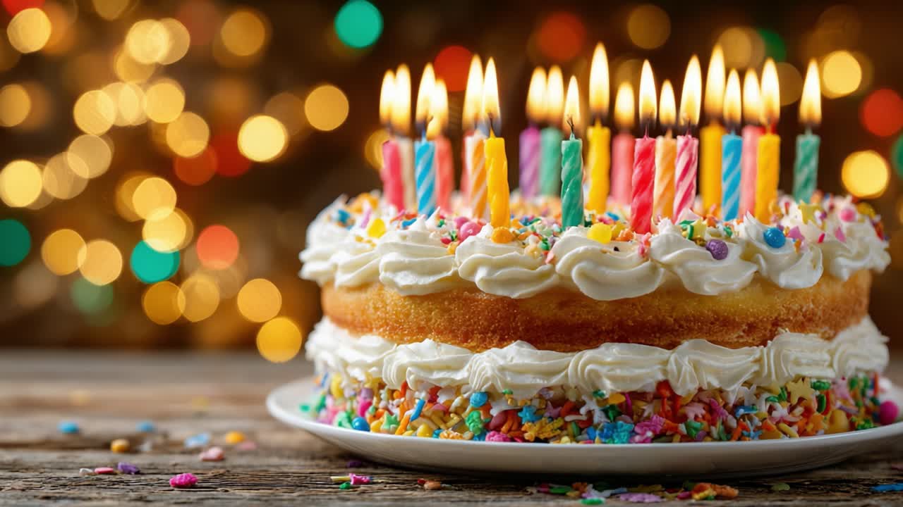 A Festive Birthday Cake Adorned with Colorful Candles and Sprinkles, Illuminated by the Soft Glow of Celebration Lights in the Background