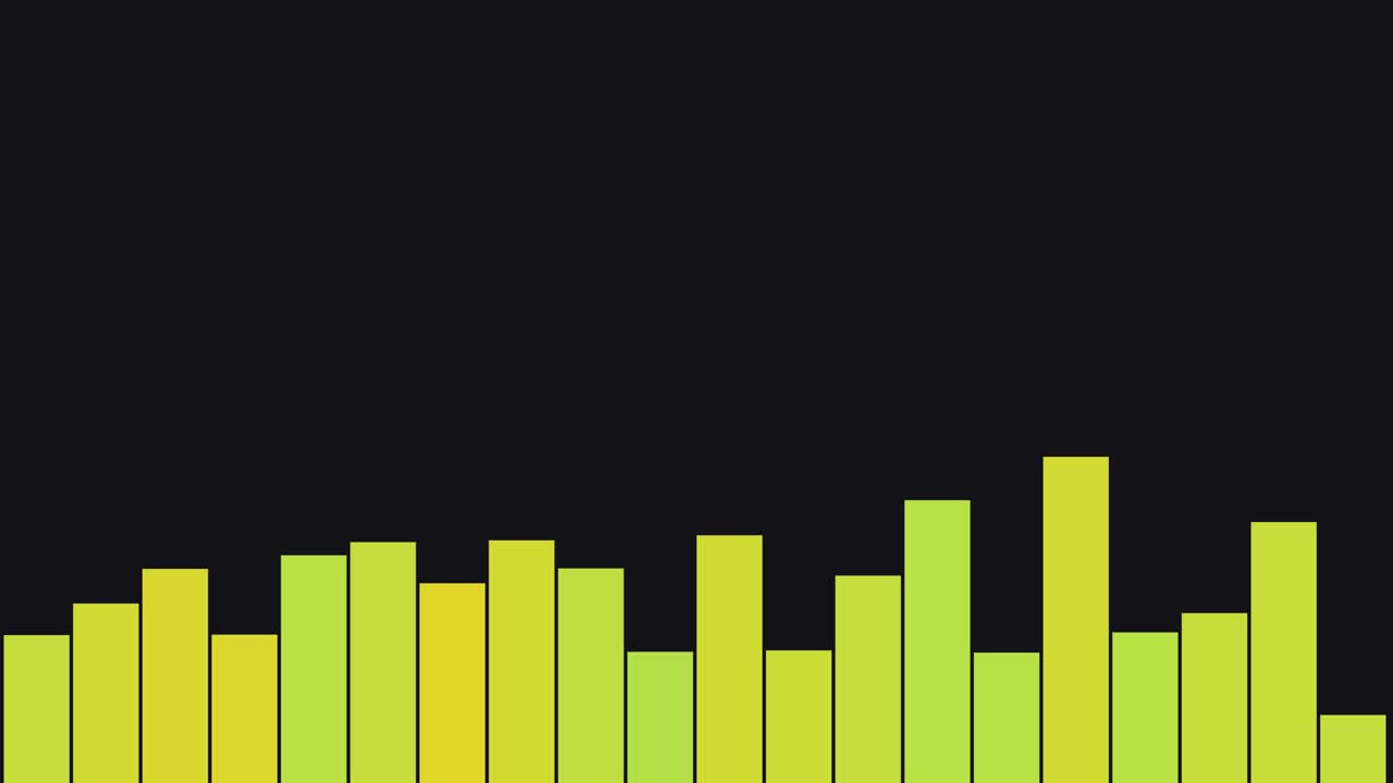 Barre verde lime vibranti fluttuano su uno sfondo nero intenso, rappresentando il movimento dinamico dei dati o una visualizzazione di un equalizzatore audio digitale.