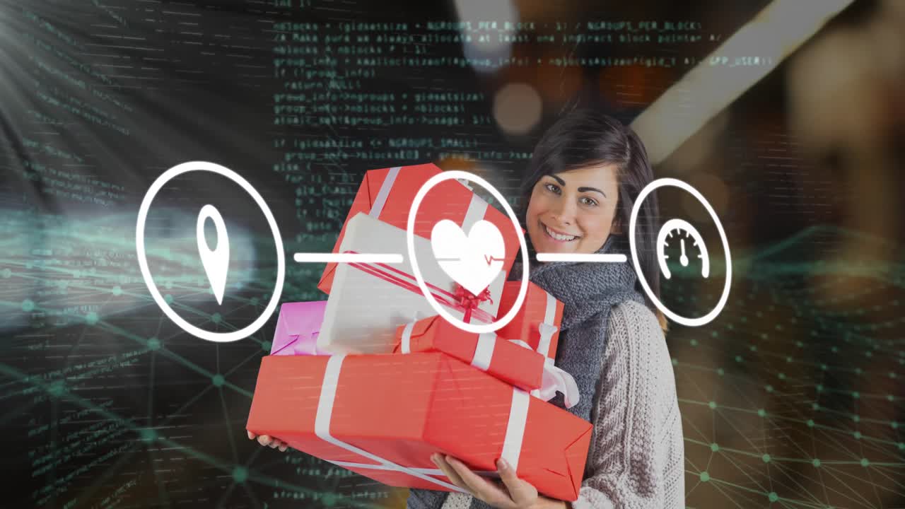 디지털 아이콘의 애니메이션과 데이타 프로세싱 카우카시안 여성과 선물