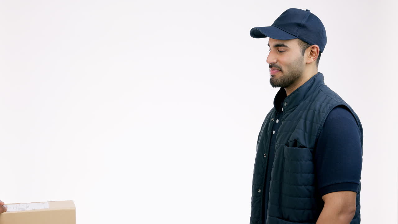 Happy man, box and delivery in customer service