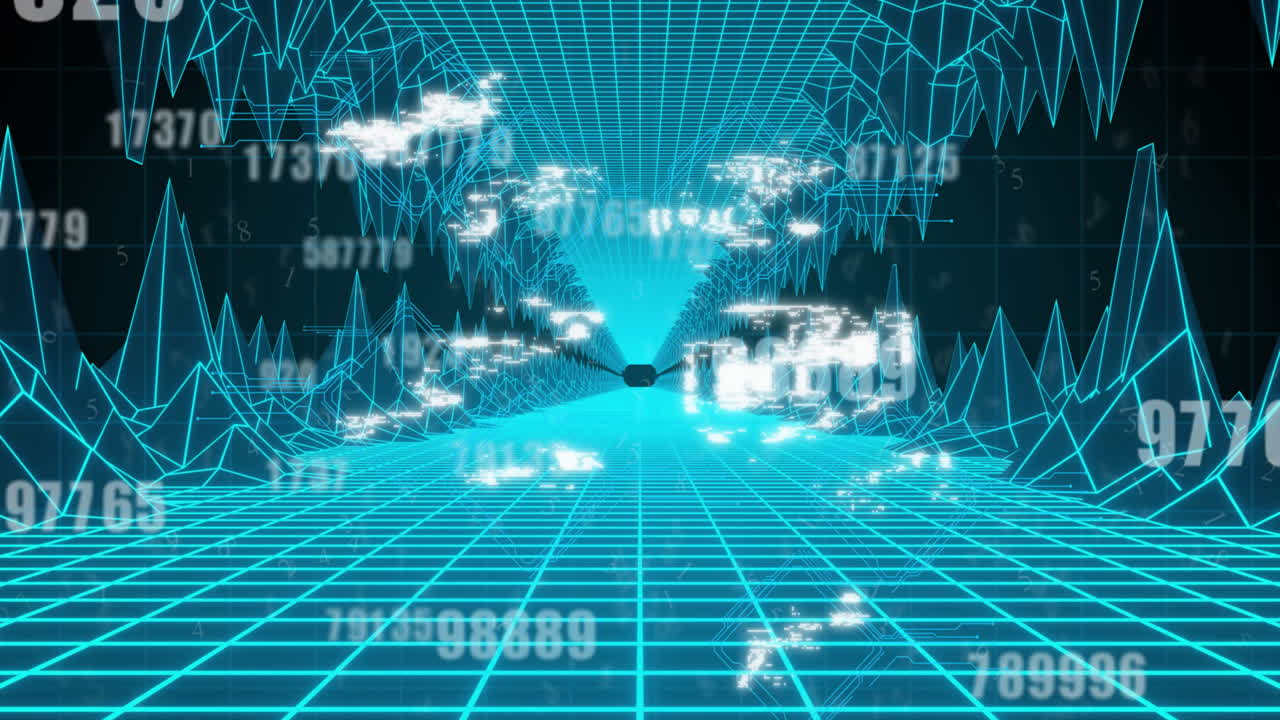 Animation of digital icons floating over glowing video game grid in background