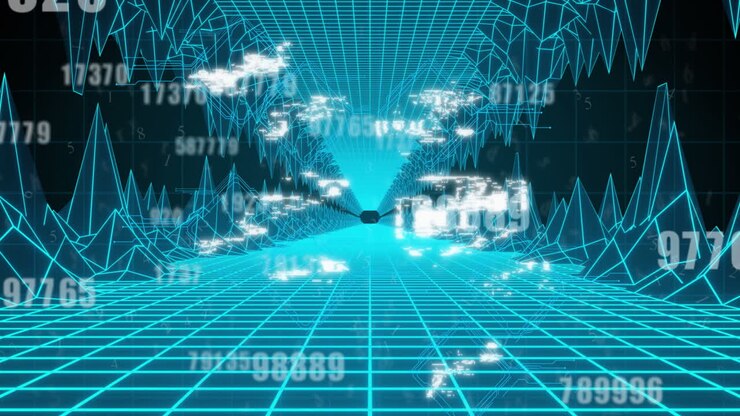 Animation of digital icons floating over glowing video game grid in background