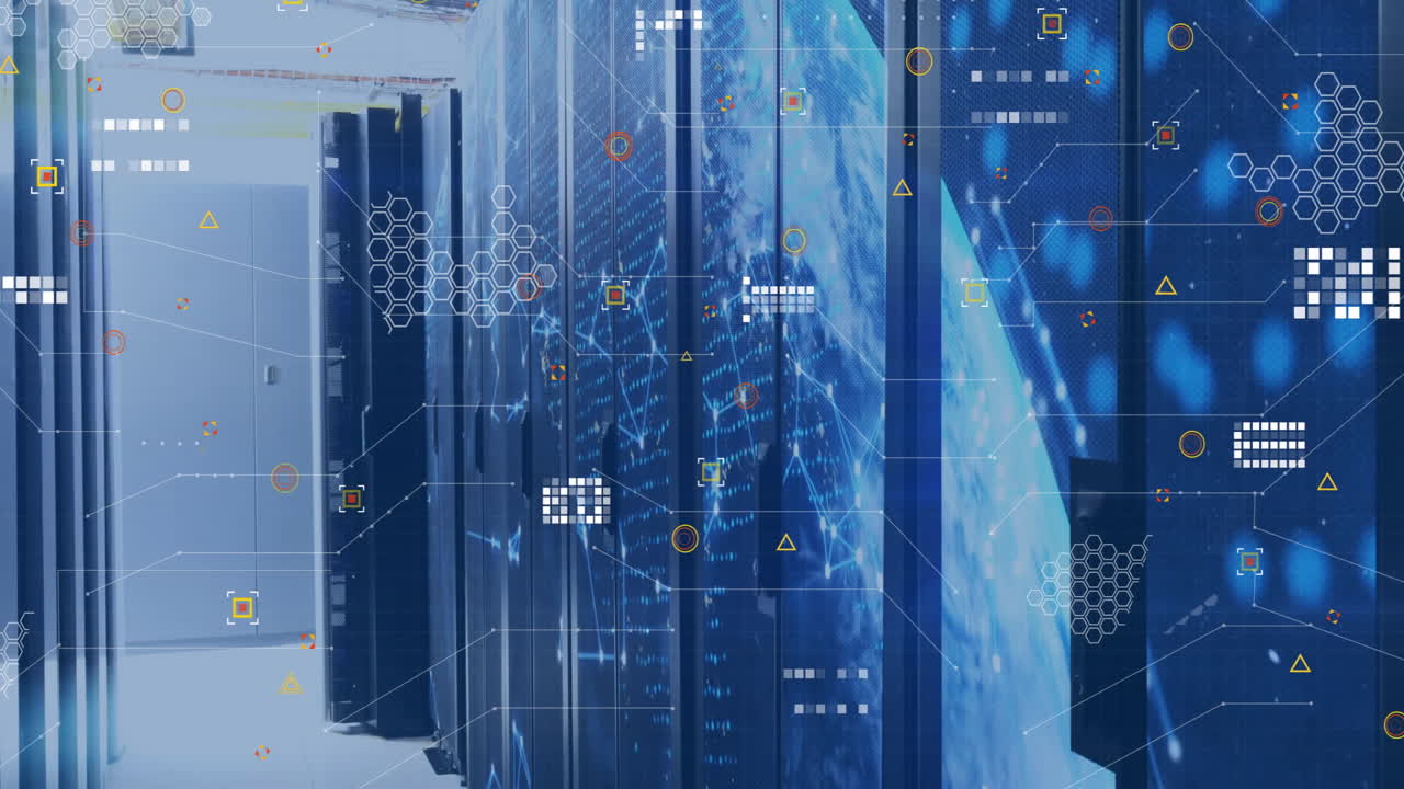 Digital data processing animation over futuristic server room with blue lighting