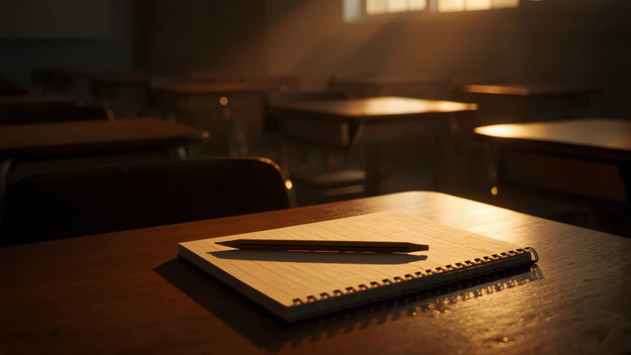 Classroom with Notebook and Pencil on Desk