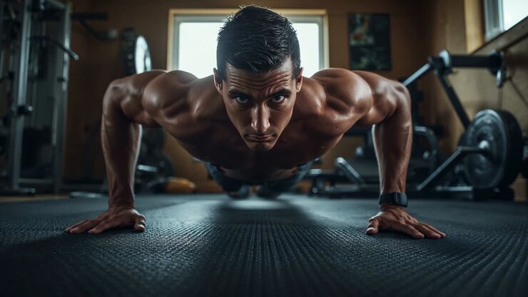Starting low, shirtless male doing push-ups for strength on rubber mat in home gym, watch visible