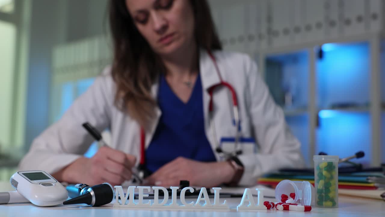 La scritta 'AI medica' con farmaci e attrezzature, accanto a una dottoressa.