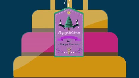 animation of christmas greetings on tag, on cake on navy background