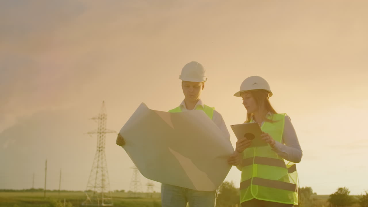 An electrician male and female in the fields near the power transmission line. He is an electrician who manages the process of erecting power lines. The mechanic in a helmet and Manager with tablet
