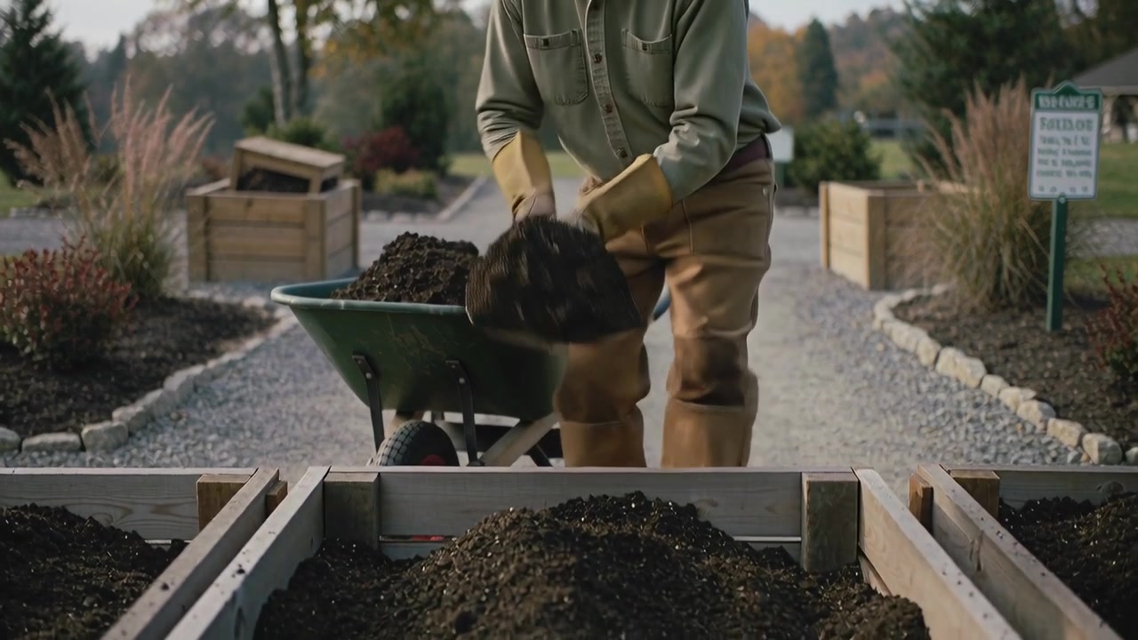 Reaching bed at garden man in green shirt, gloves pushing wheelbarrow, shoveling soil to fill bed