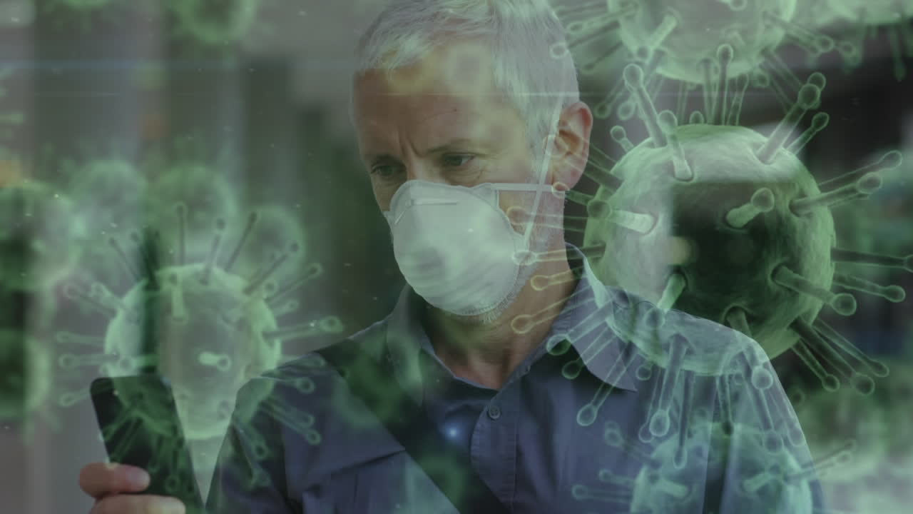코로나19 세포가 얼굴 마스크를 쓰고 있는 사람을 가로질러 움직이는 애니메이션