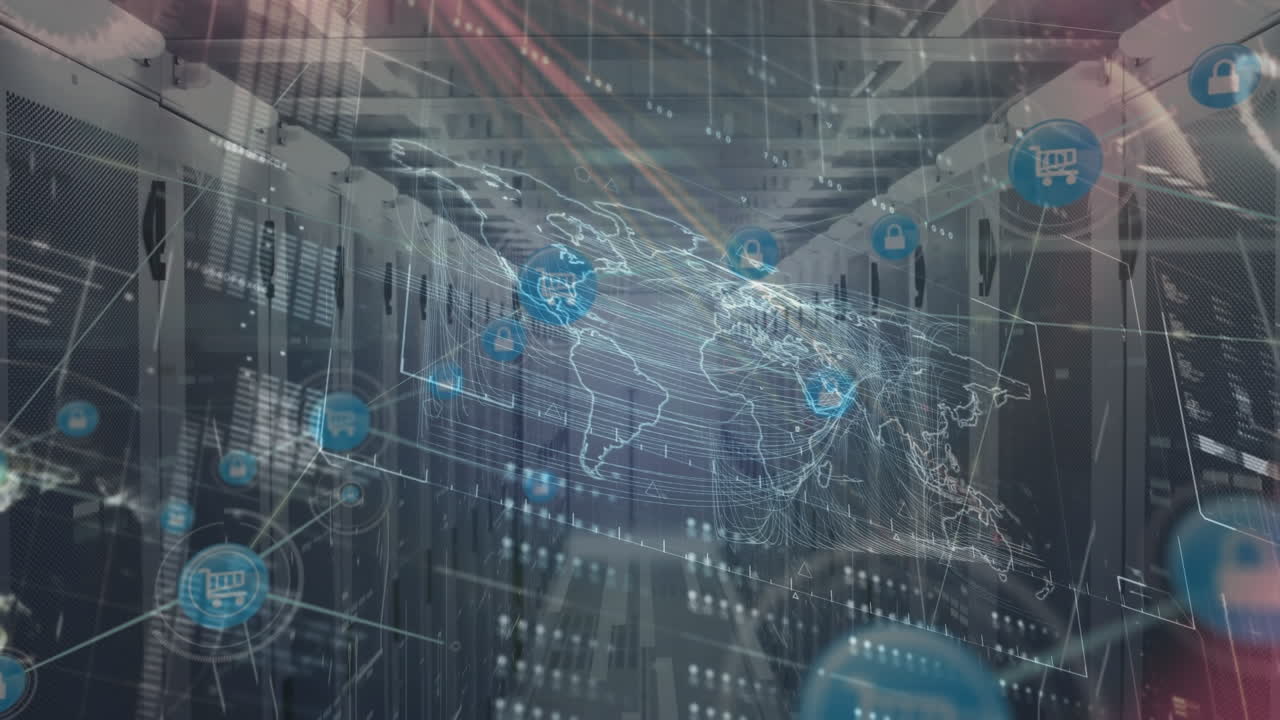 아이콘과 데이터 처리와 서버  ⁇ 을 통한 연결 네트워크의 애니메이션