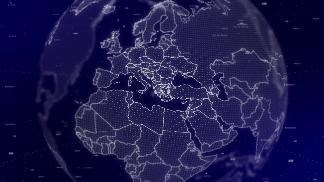 кинематографический фон видео показывает цифровой глобус, вращающийся, приближающийся к стране греция