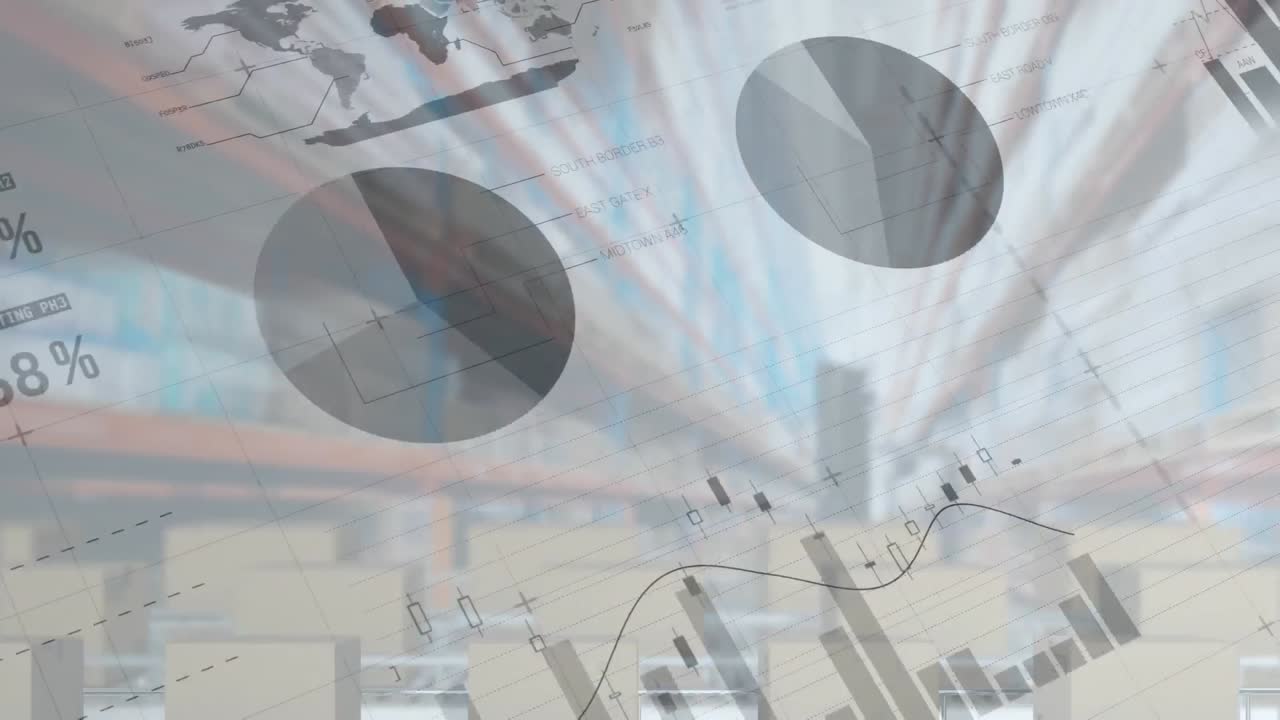 컨베이어 벨트에 있는 카드보드 상자 위에서 통계 처리의 애니메이션