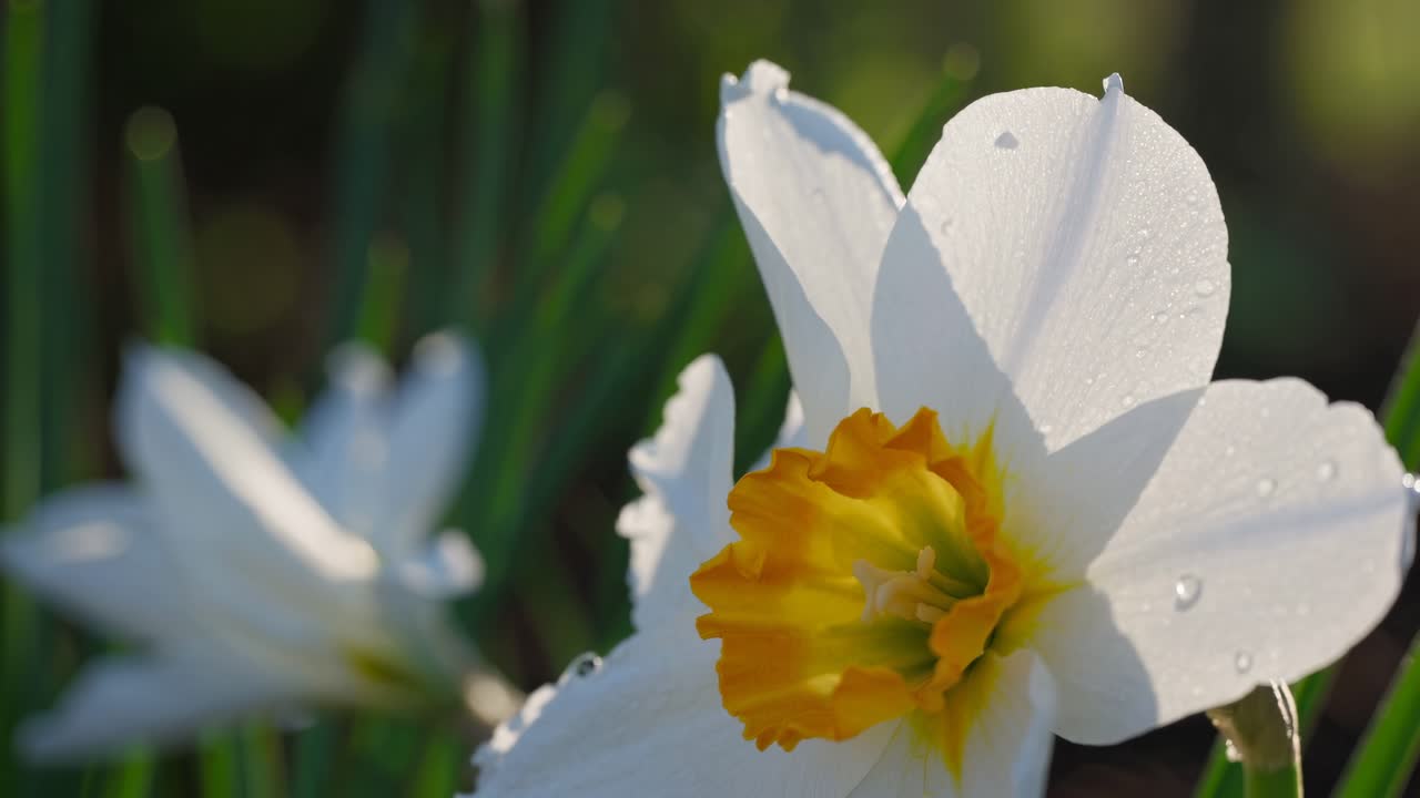Close-up video of white daffodils with dew, captured at a low angle