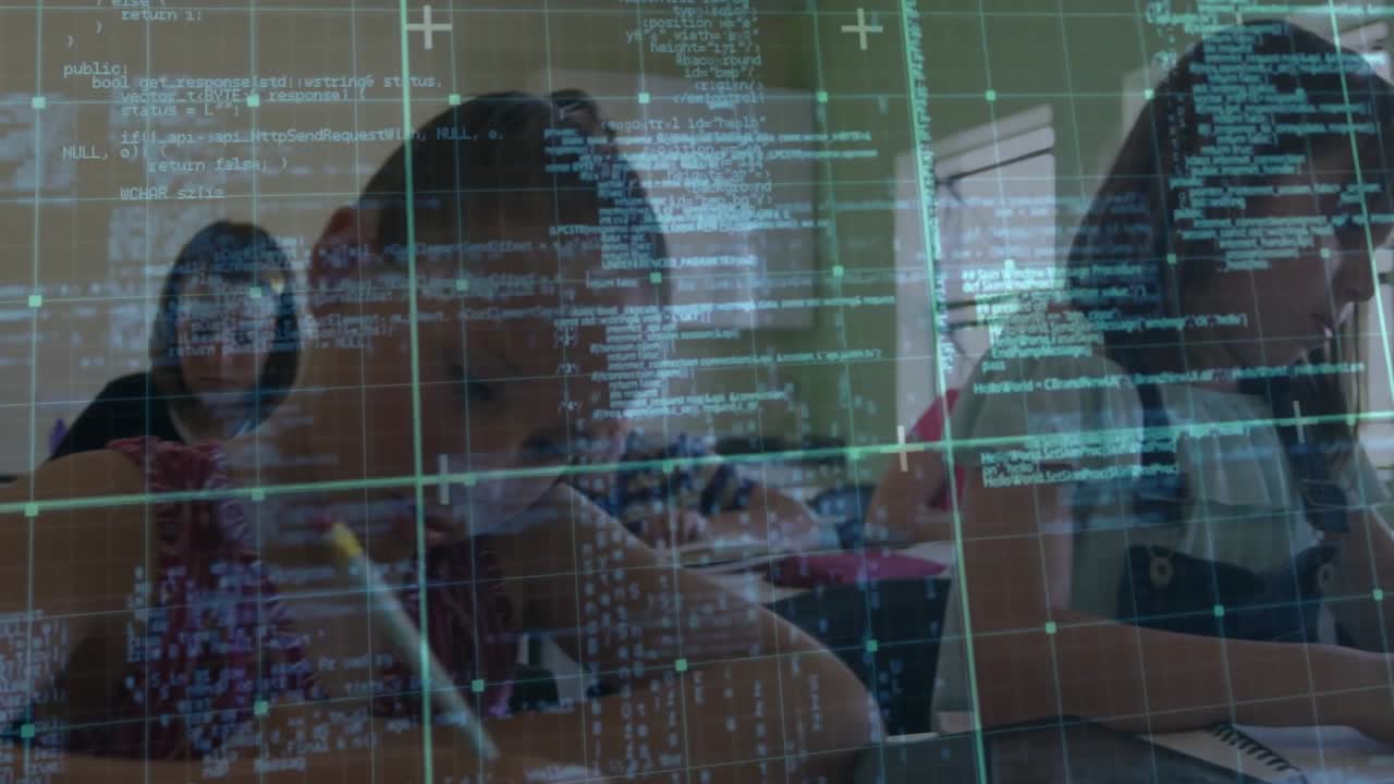 Students writing at desks, showing digital code grid overlay for coding education