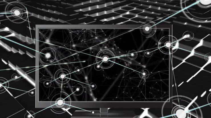 Animation of network of connections over computer and black squares