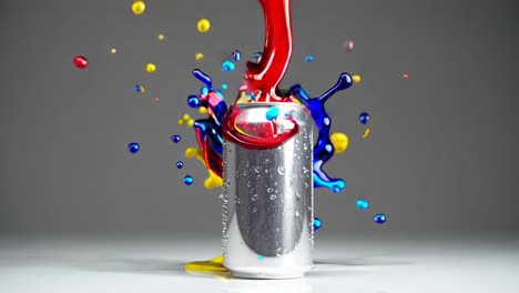 líquido de colores salpicado alrededor de una lata de refresco
