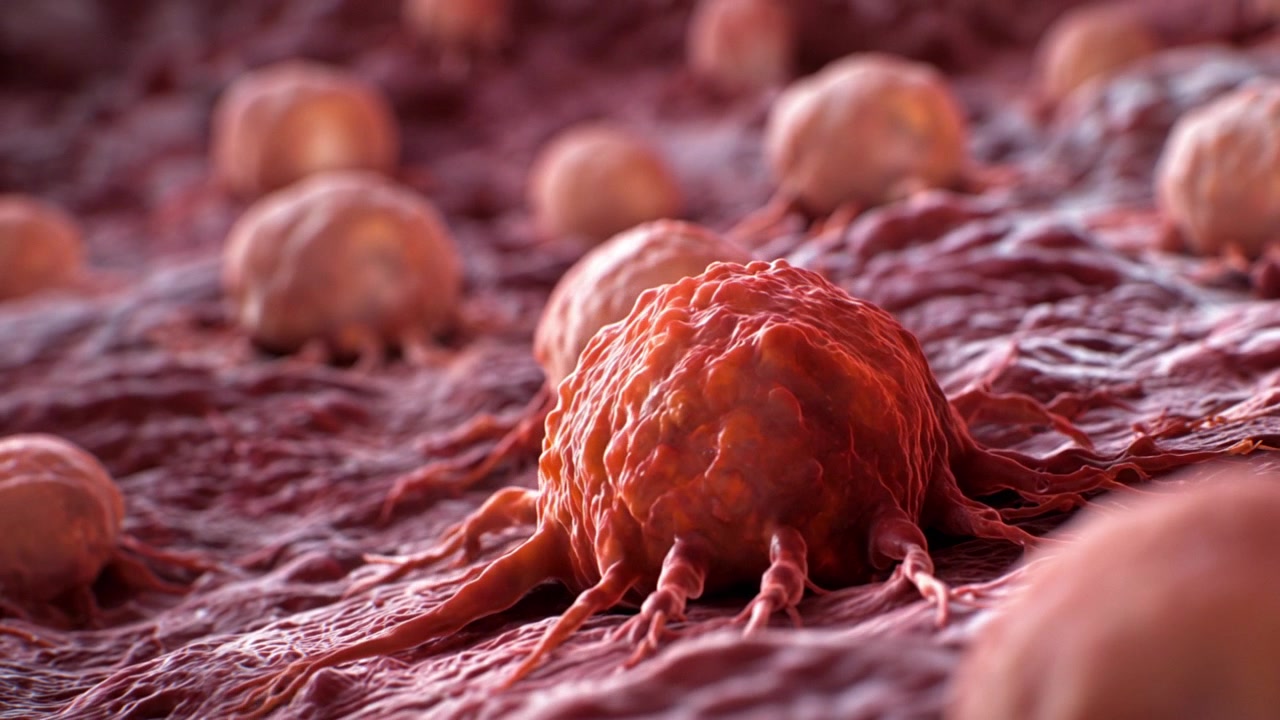 Vista microscopica di cellule tumorali che si dividono sulla superficie del tessuto
