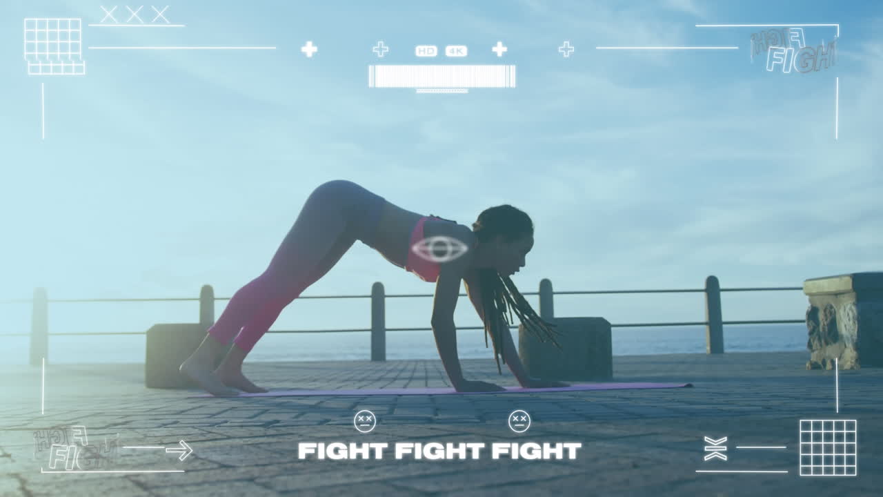 해변에서 요가를 연습하는 여성에 대한 통계와 그래프의 애니메이션