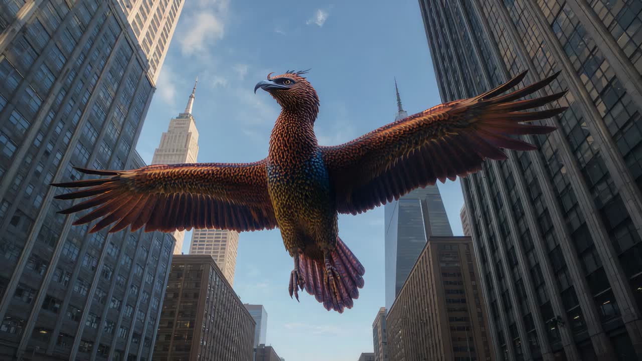 Grande uccello colorato in volo che inclina la testa ed emette suoni mentre passa sopra uffici del centro e facciate illuminate dal sole