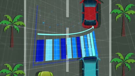 animación del procesamiento de datos estadísticos sobre la vista aérea de los iconos de automóviles que corren por la calle.
