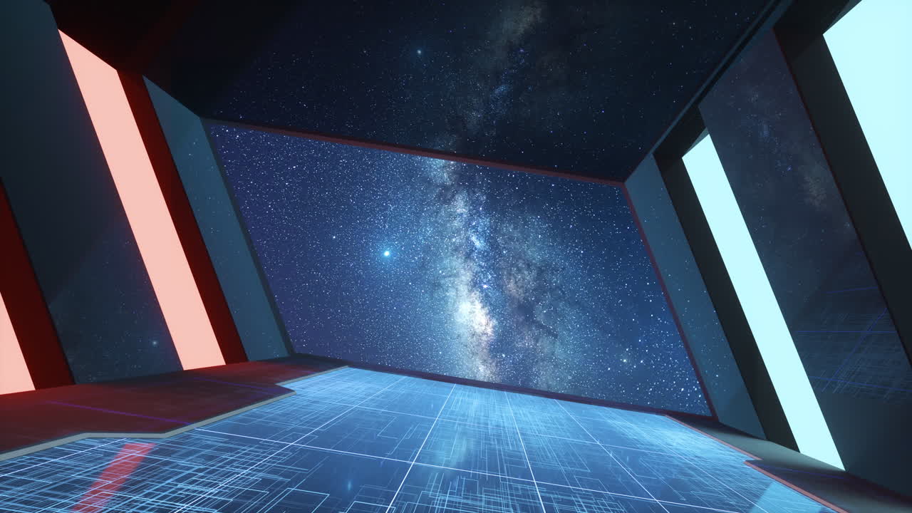 미래의 터널과 은하계 배경, 3d 렌더링