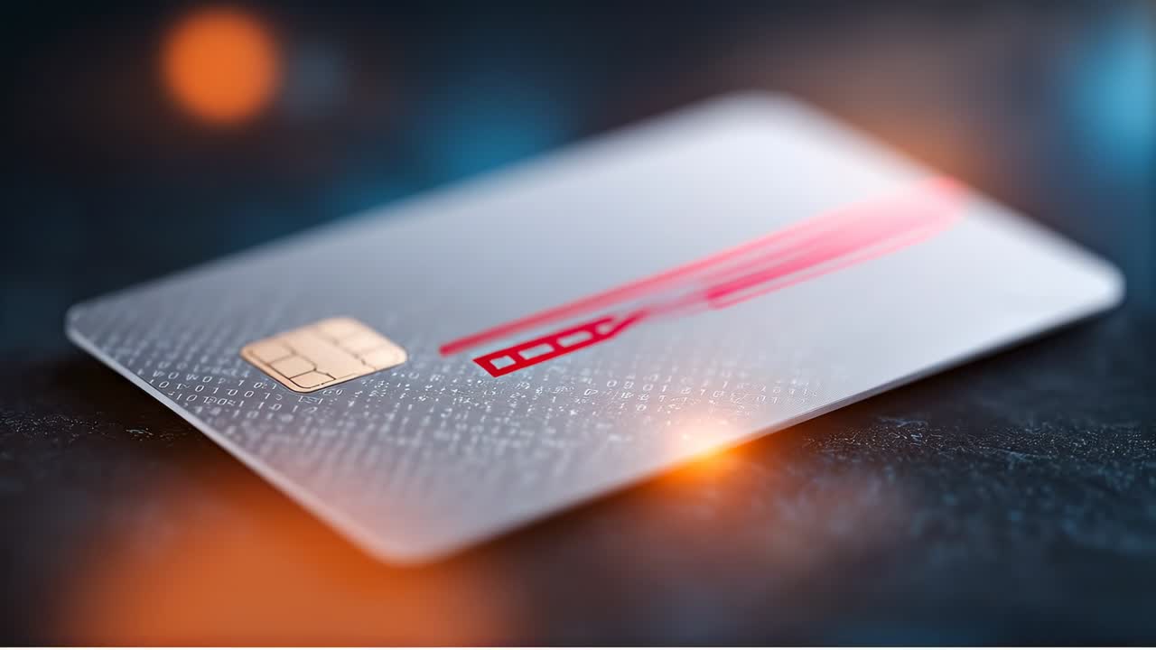 Carta su superficie scura con effetti di luce. Una carta poggia su una superficie scura, riflettendo i dettagli del suo design, il chip e gli effetti luminosi circostanti.
