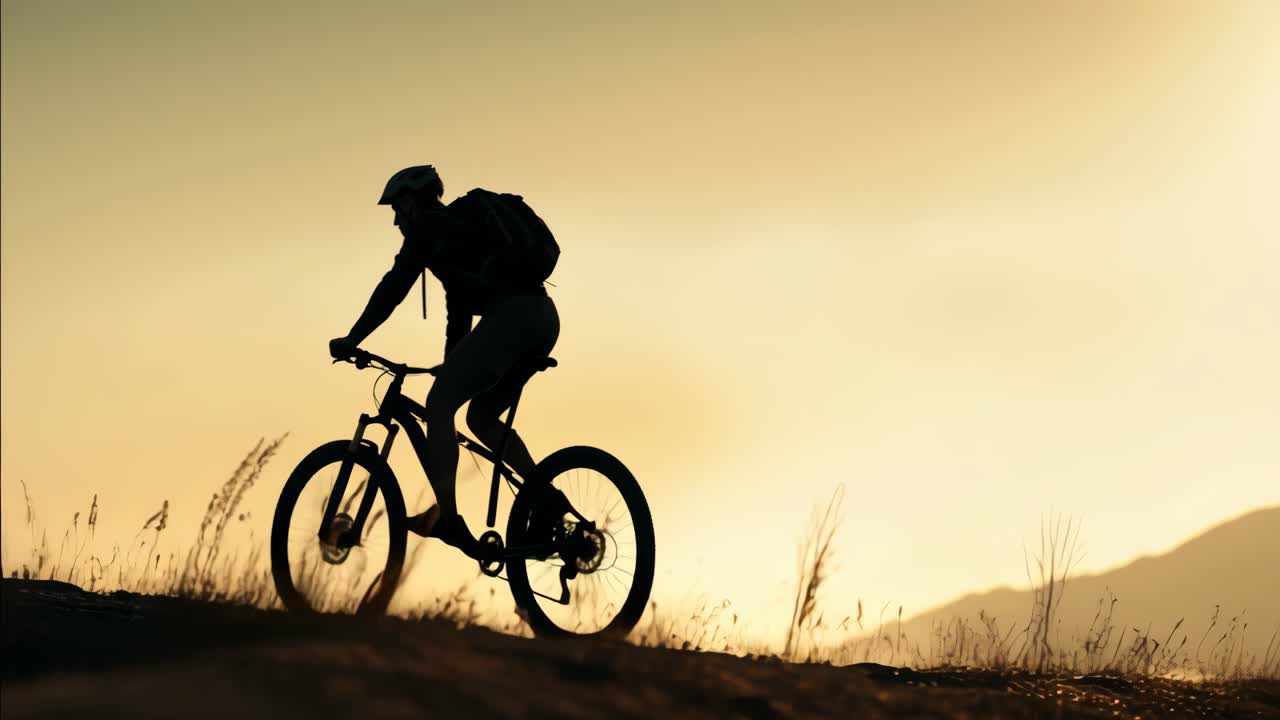Silhouette di un ciclista su un sentiero di montagna al tramonto, ripresa dal basso.