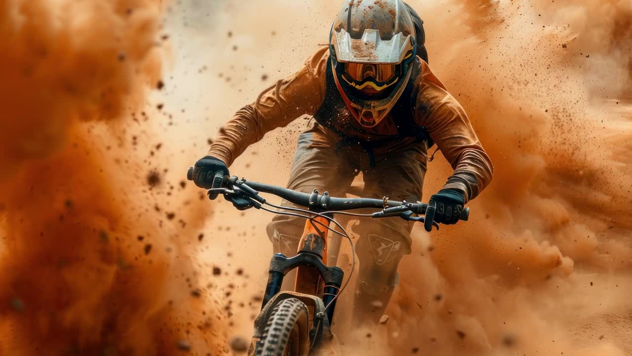 Plano de vídeo dinámico de un ciclista de montaña corriendo a toda velocidad a través de nubes de polvo, capturado desde un ángulo bajo.