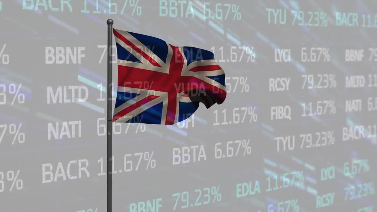 주식 시장 데이터 처리 및 모자이크 사각형의 애니메이션은 회색 배경에 영국 발을 흔들고 있습니다.