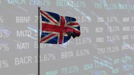 animación del procesamiento de datos del mercado de valores y cuadrados de mosaico sobre la bandera del reino unido en fondo gris.