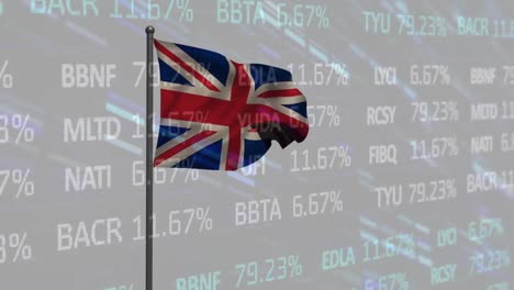 animation of stock market data processing and mosaic squares over waving uk flag on grey background