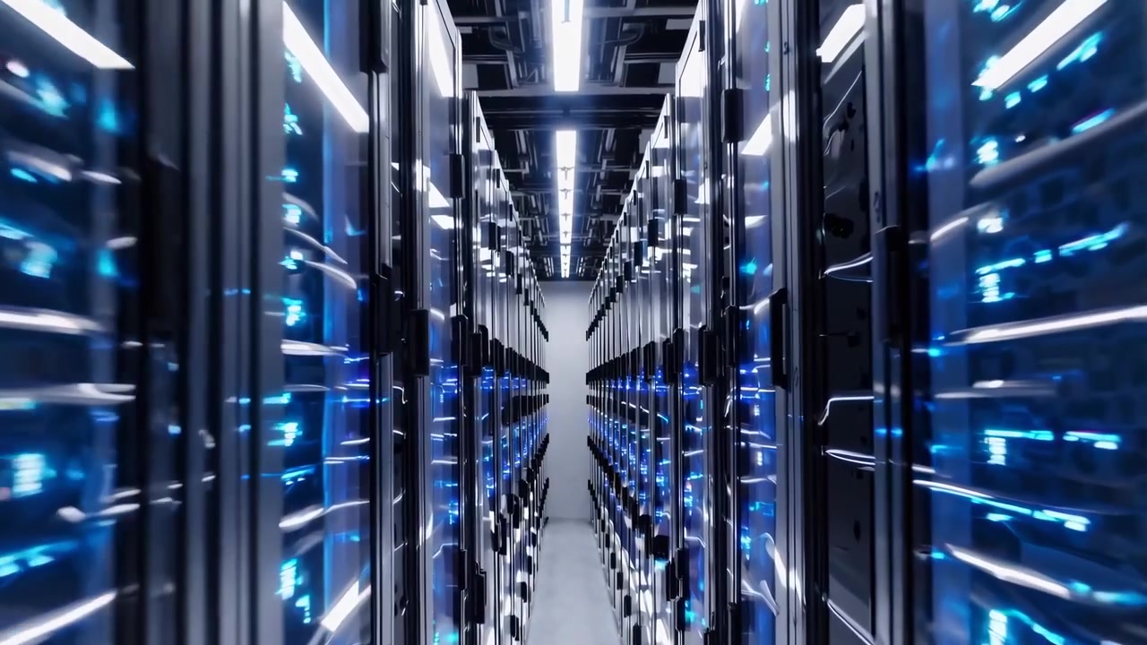 Walking Through a High-Tech Data Center with Rows of Server Racks