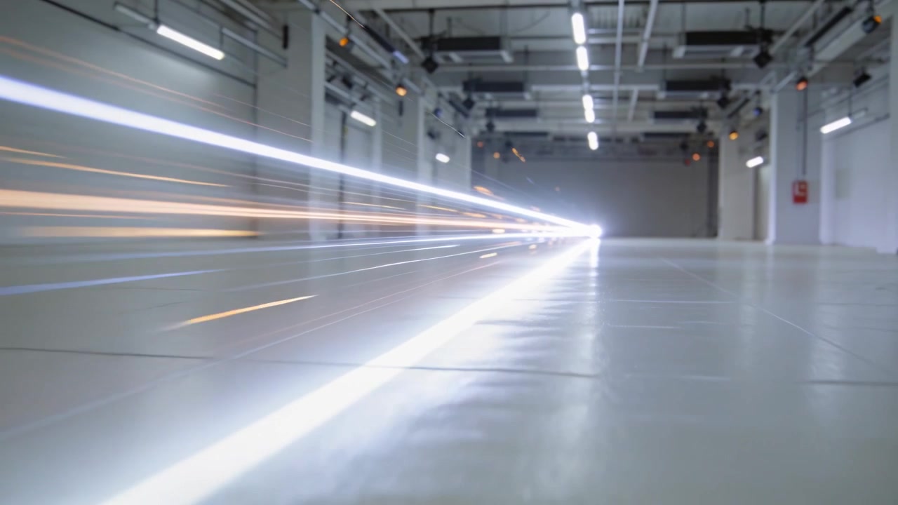 Impianto luci che si accende, inviando lunghe strisce di luce che si illuminano verso la parete lontana attraverso il pavimento lucido per un test.