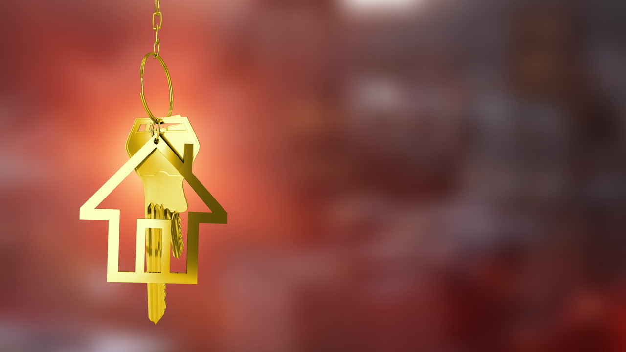 흐릿한 빨간색 배경 위에 황금색 집 모양의 키체인 애니메이션