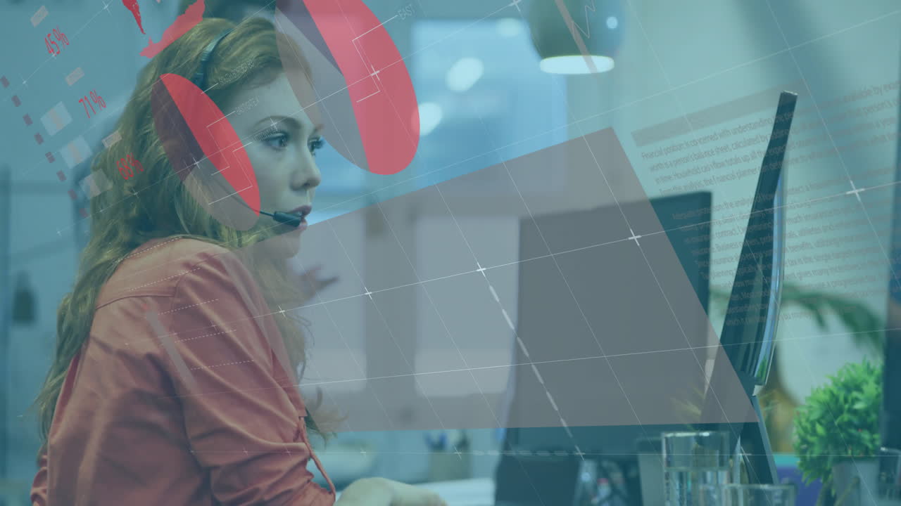 Woman wearing headset analyzing data in business office, displaying red pie chart percent overlays