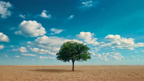 un árbol solitario en el medio de un desierto bajo un cielo azul con nubes