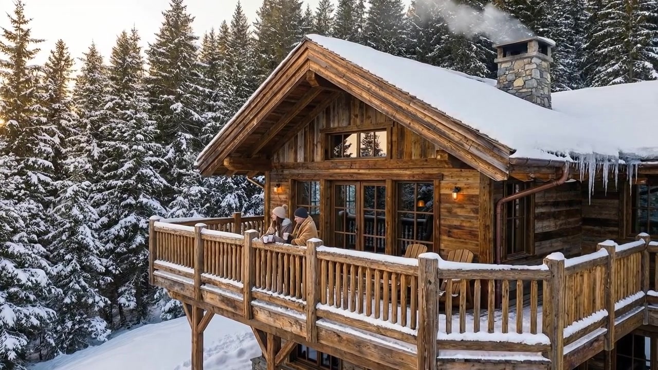 Magnifique chalet en bois dans une forêt de pins enneigée par une froide journée d'hiver