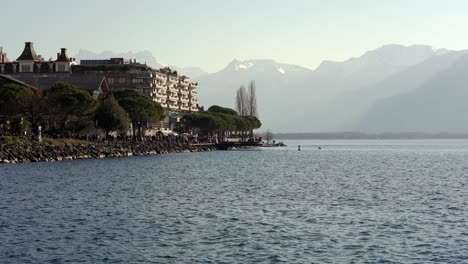 montreux riviera, busy promenade of a resort town on the shores of lake geneva in the alps, switzerland