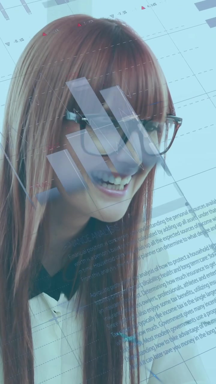 Animazione dell'elaborazione di dati finanziari su una donna d'affari caucasica in ufficio