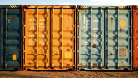 a vibrant display of weathered shipping containers showcasing a spectrum of colors, highlighting the impact of time and elements on industrial materials