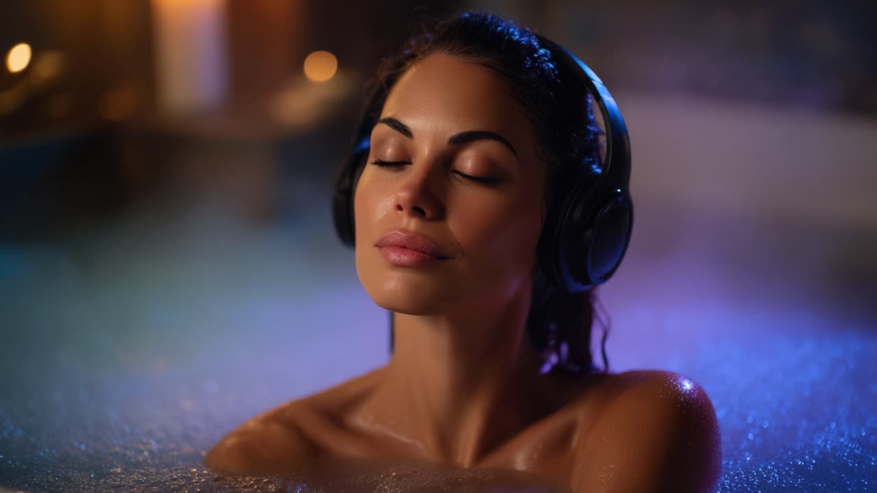 A serene moment of relaxation as a woman enjoys a soothing bath with headphones on, immersed in soothing bubbles and a calming atmosphere of tranquility