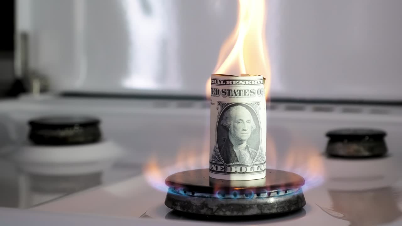 가스 위기의 개념: 100달러 지폐가 주방 스토브 버너에서 불타고 있다, 현금, 천연 자원의 높은 가격, 화재 불꽃, 유리티 부채, 에너지 전쟁, 가정 예산을 절약하는 것.