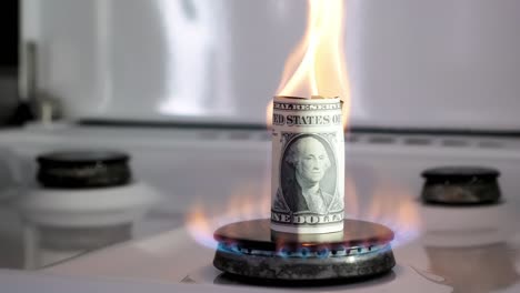 concepto de crisis de gas. un billete de cien dólares está ardiendo en un quemador de la estufa de la cocina. dinero en efectivo. altos precios de los recursos naturales. llama de fuego. deuda de servicios públicos. guerra de energía. ahorro del presupuesto del hogar.