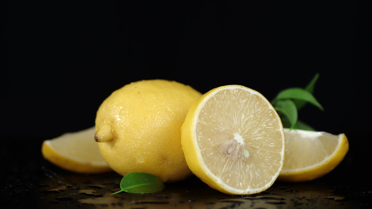 trozos de limón fresco con hojas cayendo gotas de agua.