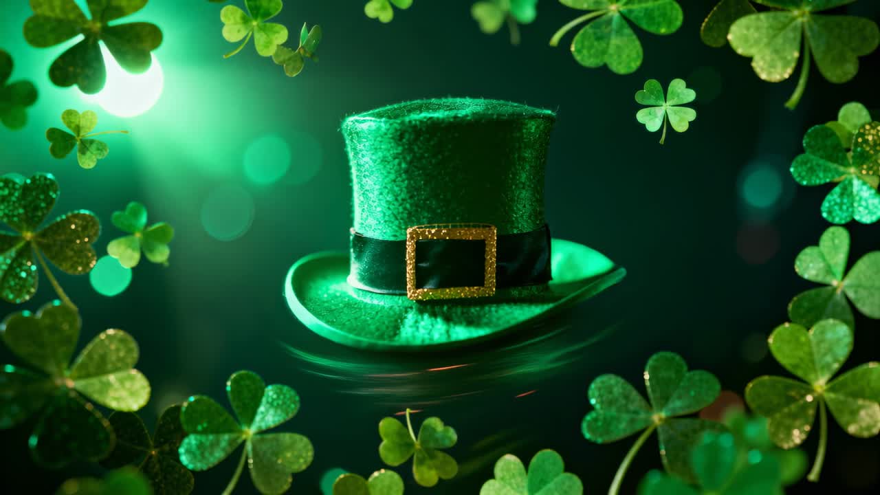 Ein glitzernder grüner Hut dreht sich, steigt auf einem Wirbel empor und landet aufrecht im Studio, umgeben von Kleeblättern, für St. Patrick.