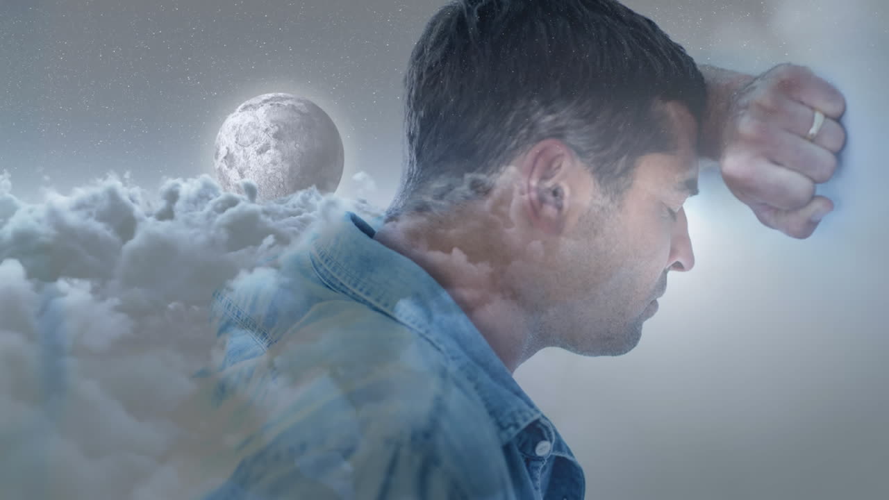 우울한 남자가 벽에 머리를  ⁇ 고 4k