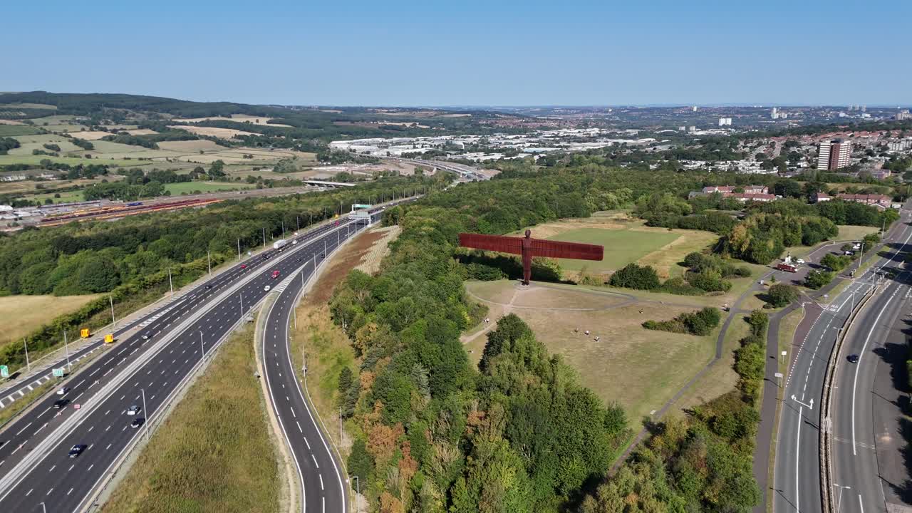 Drone Aerial View of the Angel of the North Sculpture in Gateshead, North East England